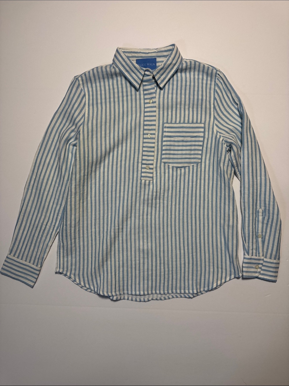 ALICE WALK Striped Button Up Collared Pullover Shirt Blue White 100% Cotton S